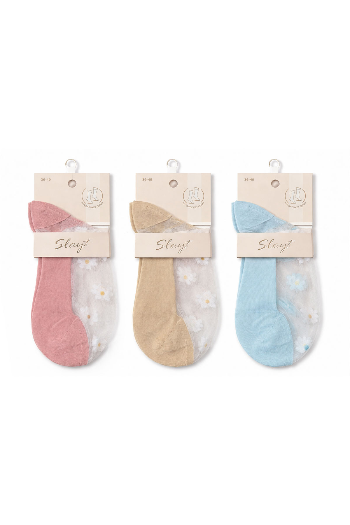 Slayt Kadın Patik Çorap Şeffaf Çiçek Desenli - Thumbnail