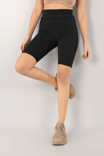 SPORT - Sport Kadın Fitilli Şort Tayt - Siyah