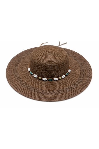 Suyutti - Suyutti Kadın Hasır Şapka Geniş Kenar Deniz Kabuklu