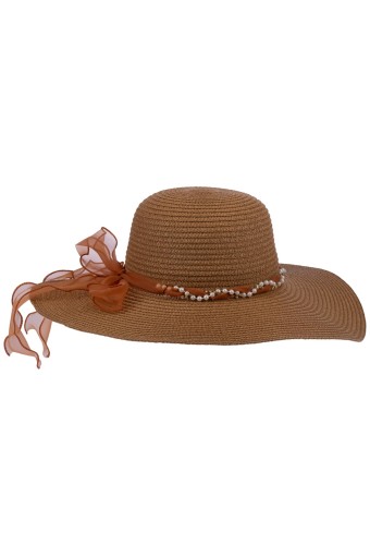 Suyutti - Suyutti Kadın Plaj Şapkası Kurdele ve Boncuk Detaylı 57-58 Cm