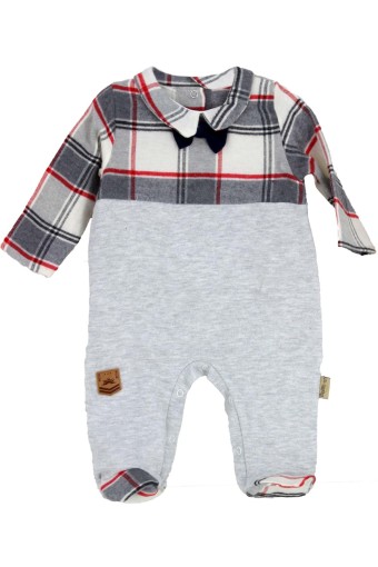 TAHABEBE - Taha Bebe Erkek Bebek Papyonlu Ekose Penye Tulum - Gri