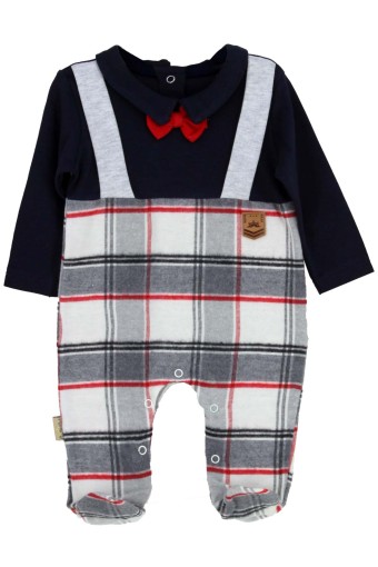 TAHABEBE - Taha Bebe Erkek Bebek Papyonlu Ekose Penye Tulum - Lacivert