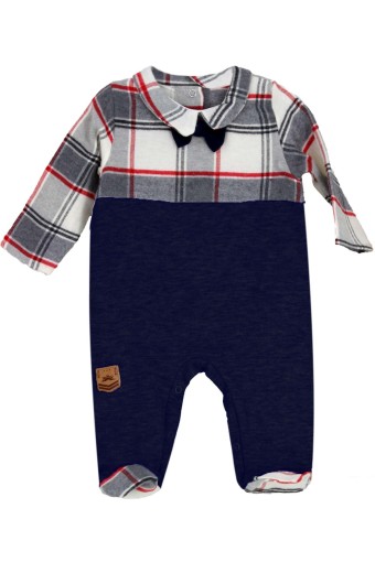 TAHABEBE - Taha Bebe Erkek Bebek Papyonlu Ekose Penye Tulum - Lacivert