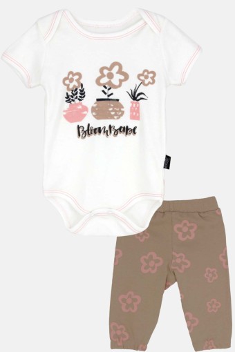 TAHABEBE - Taha Kız Bebek Çiçek Desenli 2 li Takım - Krem
