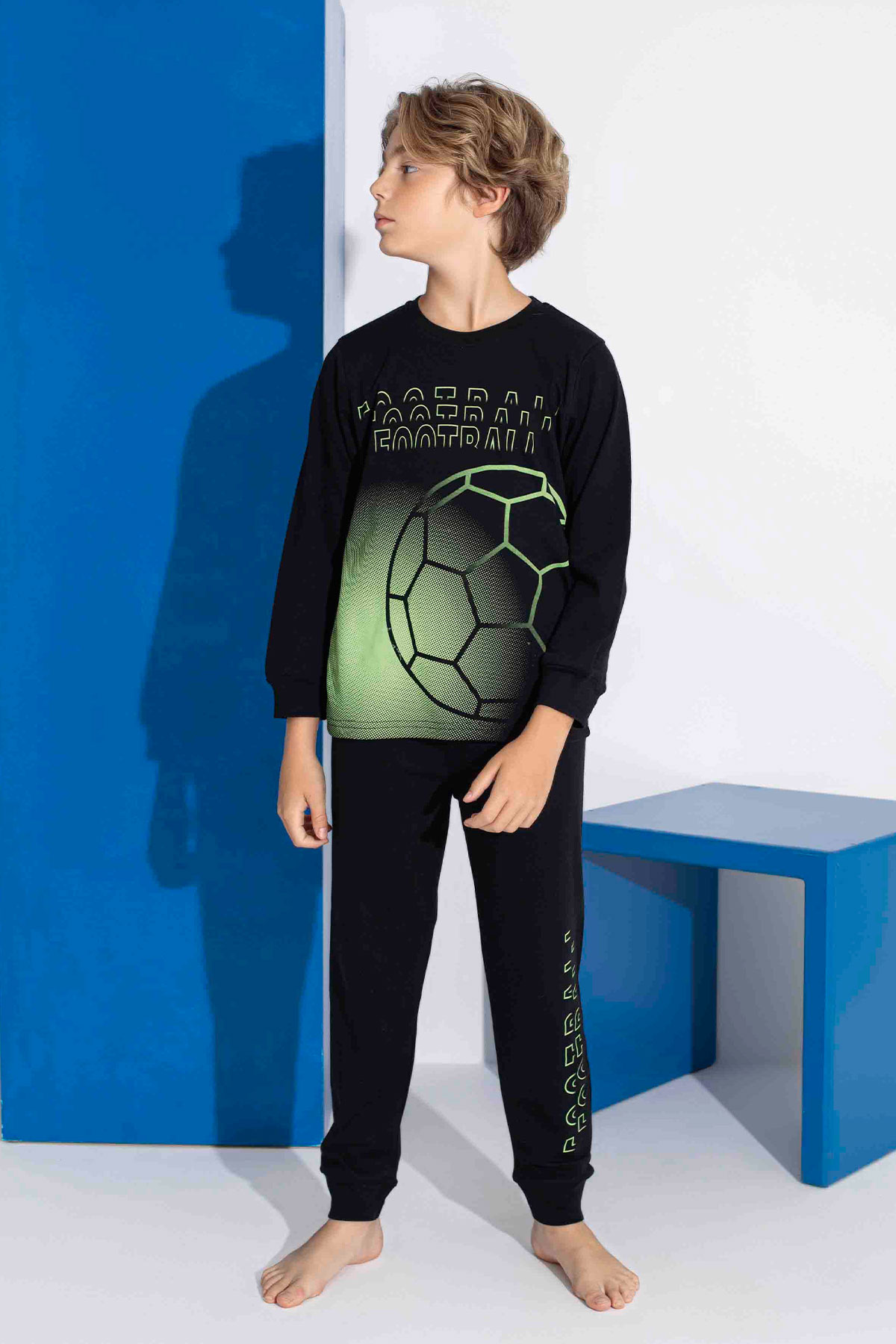 Tarık Erkek Çocuk Pijama Takımı İnterlok Top Pano Baskılı Paça Manşetli - Gri - Thumbnail