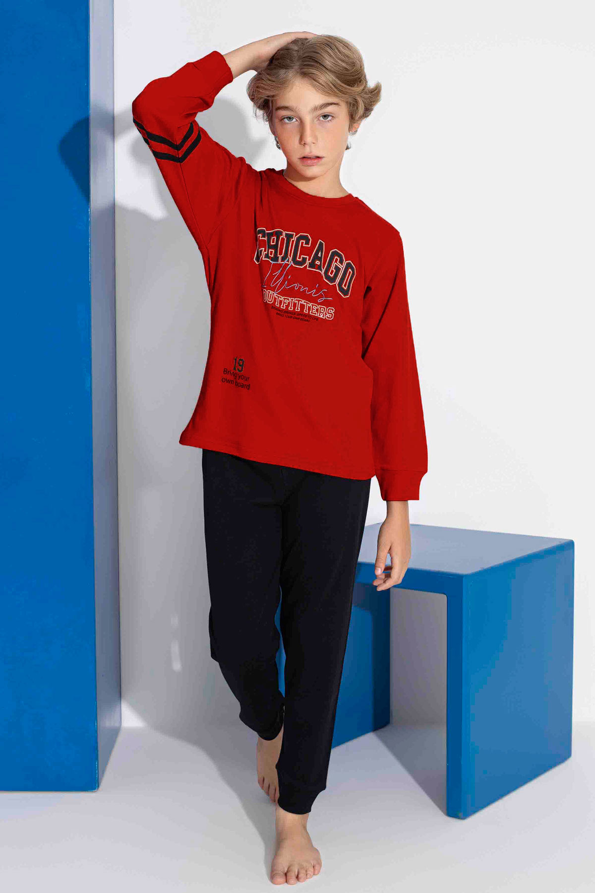 Tarık Erkek Garson Pijama Takımı Uzun Kollu Chicogo Baskılı Paça Manşetli - Mavi - Thumbnail