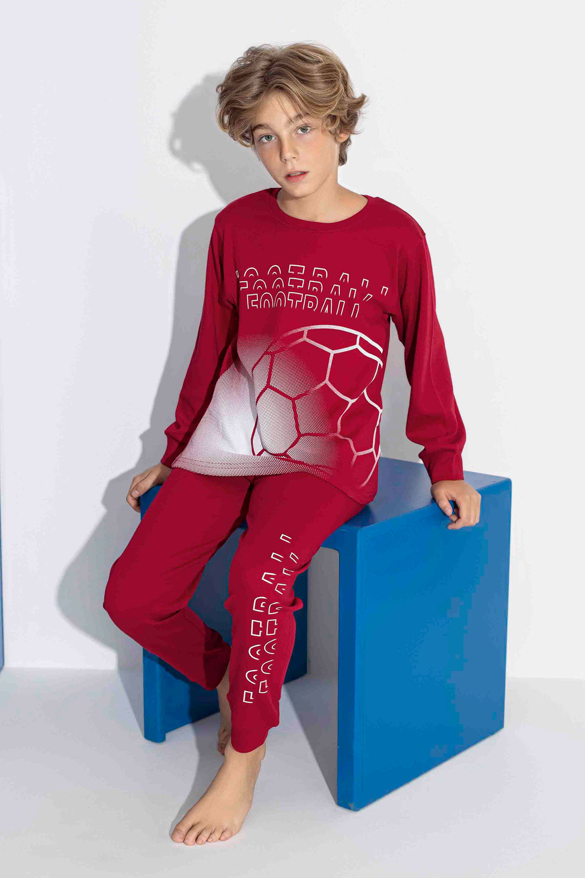 Tarık Erkek Garson Pijama Takımı Uzun Kollu Top Pano Baskılı Paça Manşetli - Bordo - Thumbnail