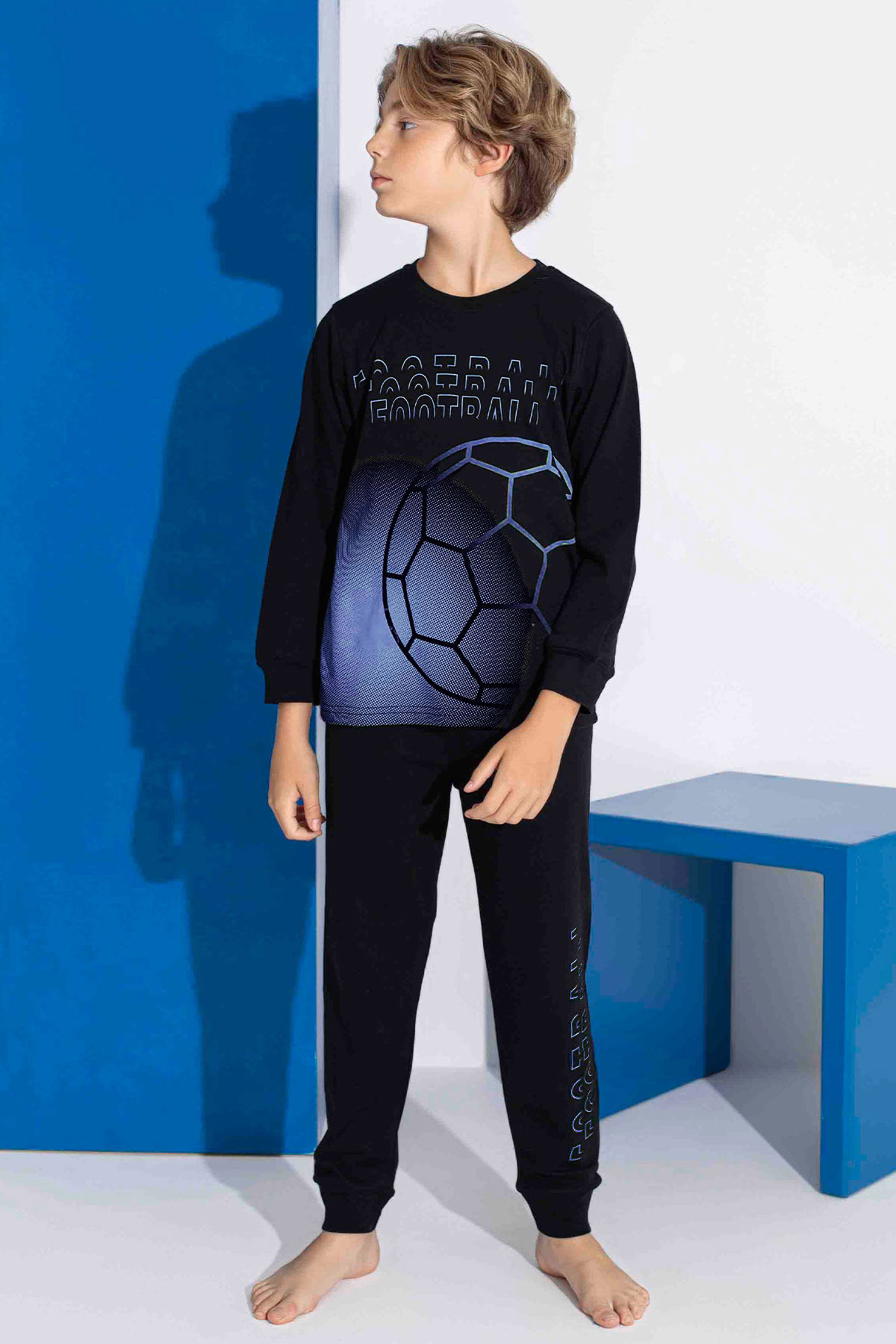 Tarık Erkek Garson Pijama Takımı Uzun Kollu Top Pano Baskılı Paça Manşetli - Bordo - Thumbnail