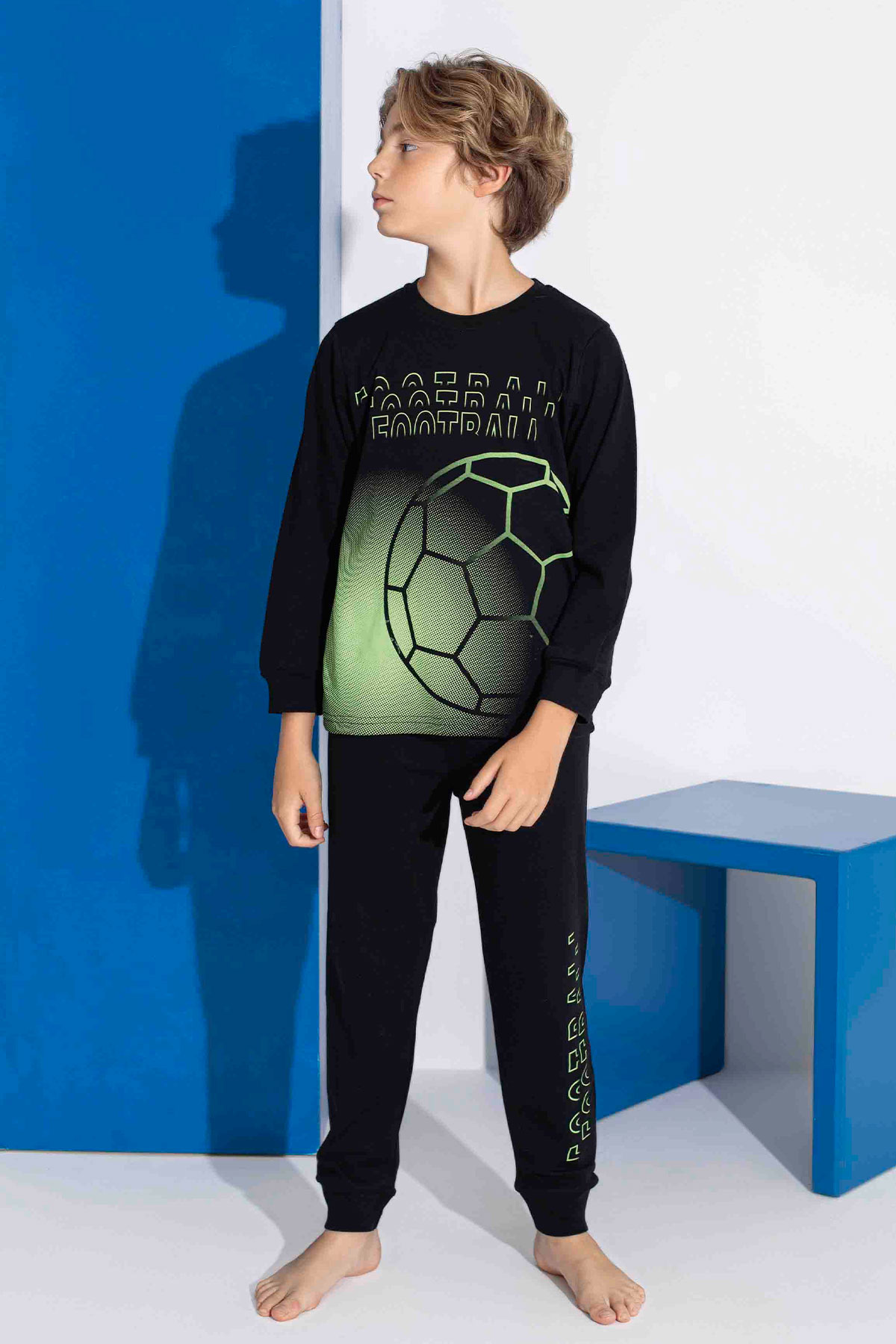 Tarık Erkek Garson Pijama Takımı Uzun Kollu Top Pano Baskılı Paça Manşetli - Siyah/Yeşil - Thumbnail