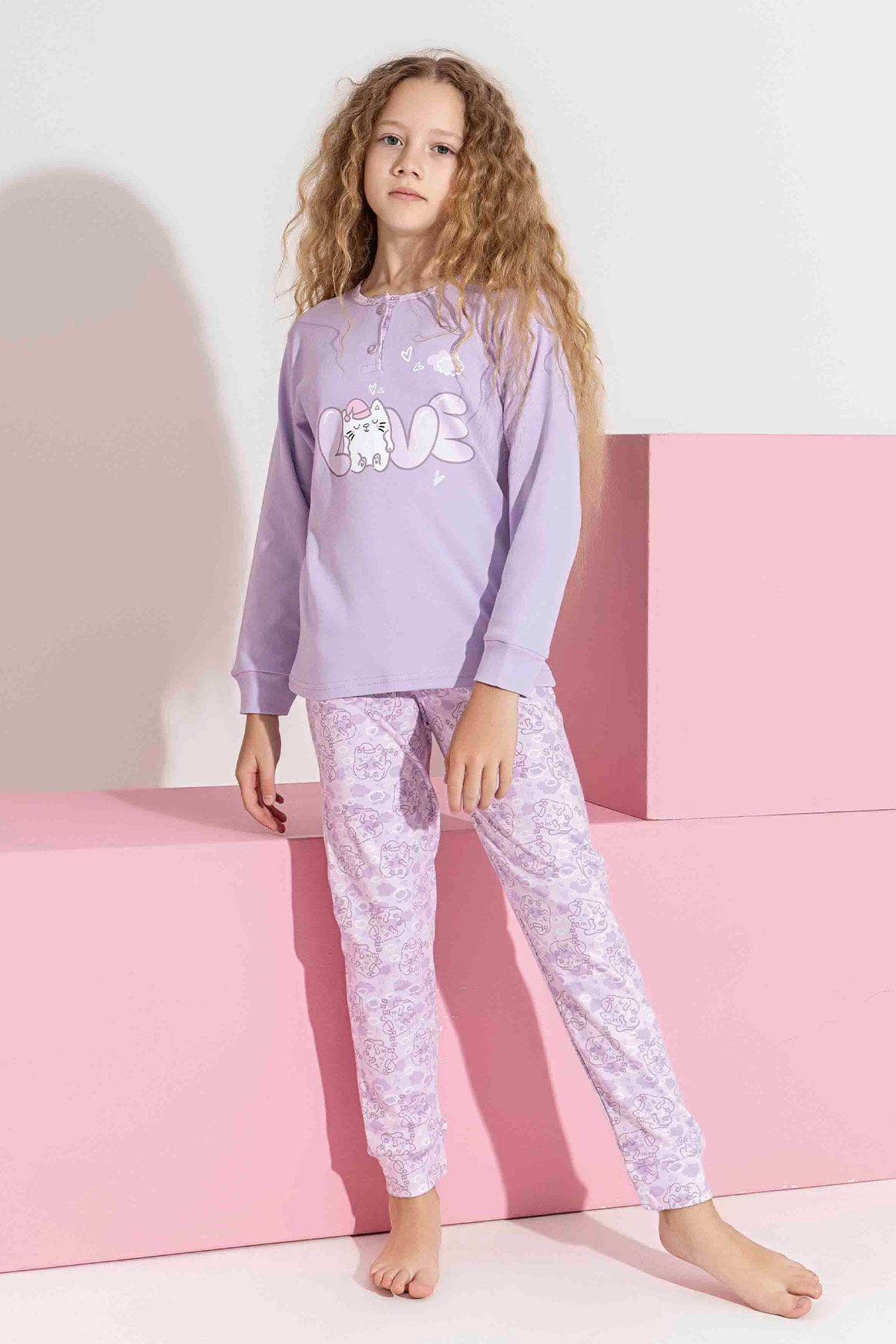 Tarık Kız Çocuk Pijama Takımı İnterlok Love Kedi Baskılı Paça Manşetli - Lila - Thumbnail