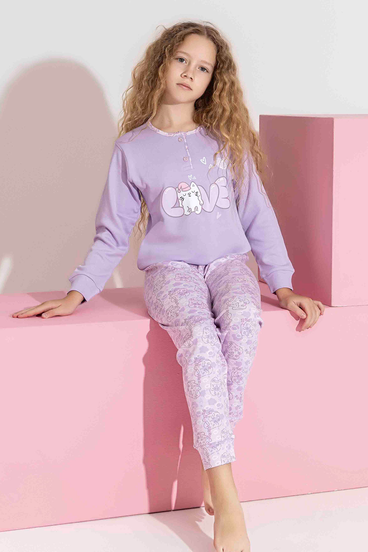 Tarık Kız Çocuk Pijama Takımı İnterlok Love Kedi Baskılı Paça Manşetli - Lila - Thumbnail
