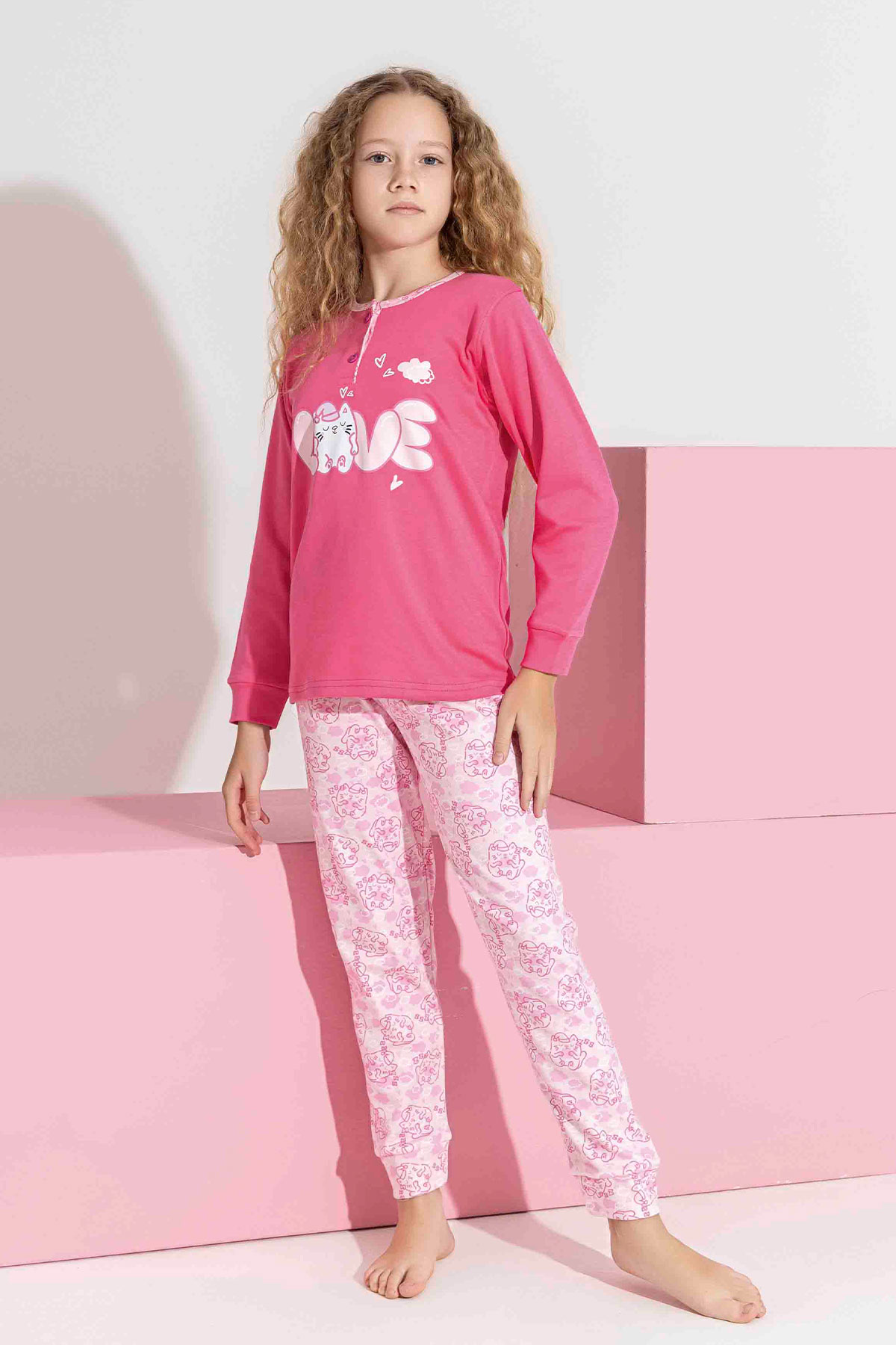 Tarık Kız Çocuk Pijama Takımı İnterlok Love Kedi Baskılı Paça Manşetli - Lila - Thumbnail