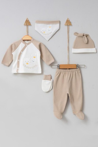 TONTON - Tonton Unisex Bebek Pamuklu 5'li Zıbın Seti Ayı ve Tavşan Desenli