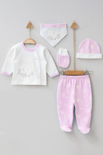 TONTON - Tonton Unisex Bebek Pamuklu 5'li Zıbın Seti Ayı ve Yıldız Desenli