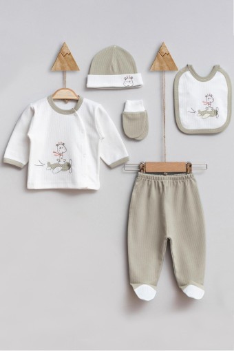 TONTON - Tonton Unisex Bebek Pamuklu 5'li Zıbın Seti Uçak ve Zürafa Desenli