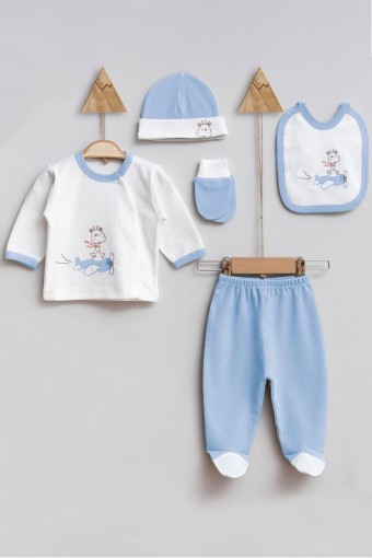 TONTON - Tonton Unisex Bebek Pamuklu 5'li Zıbın Seti Uçak ve Zürafa Desenli (1)