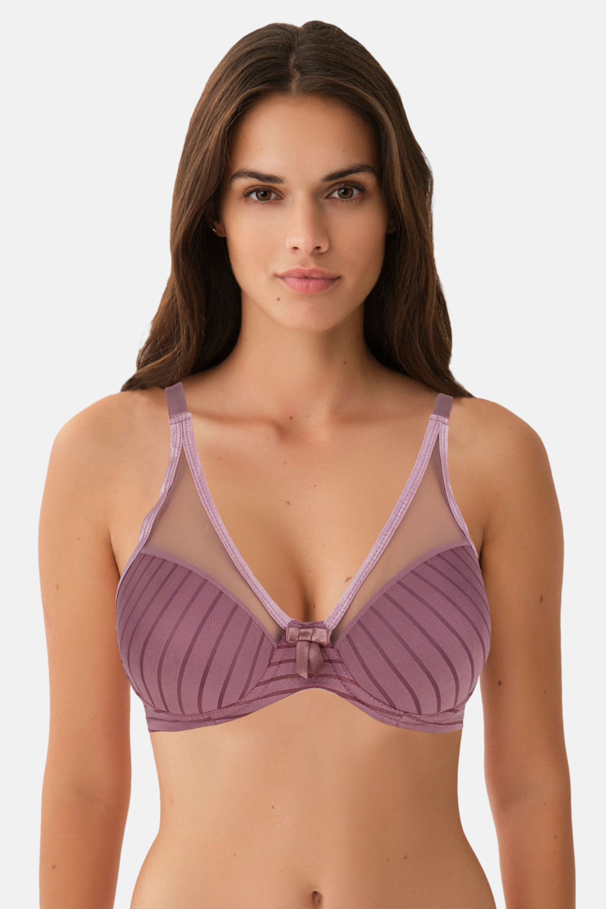 Umt Kadın Çizgili Tüllü Desteksiz Sütyen C Cup - Pudra - Thumbnail