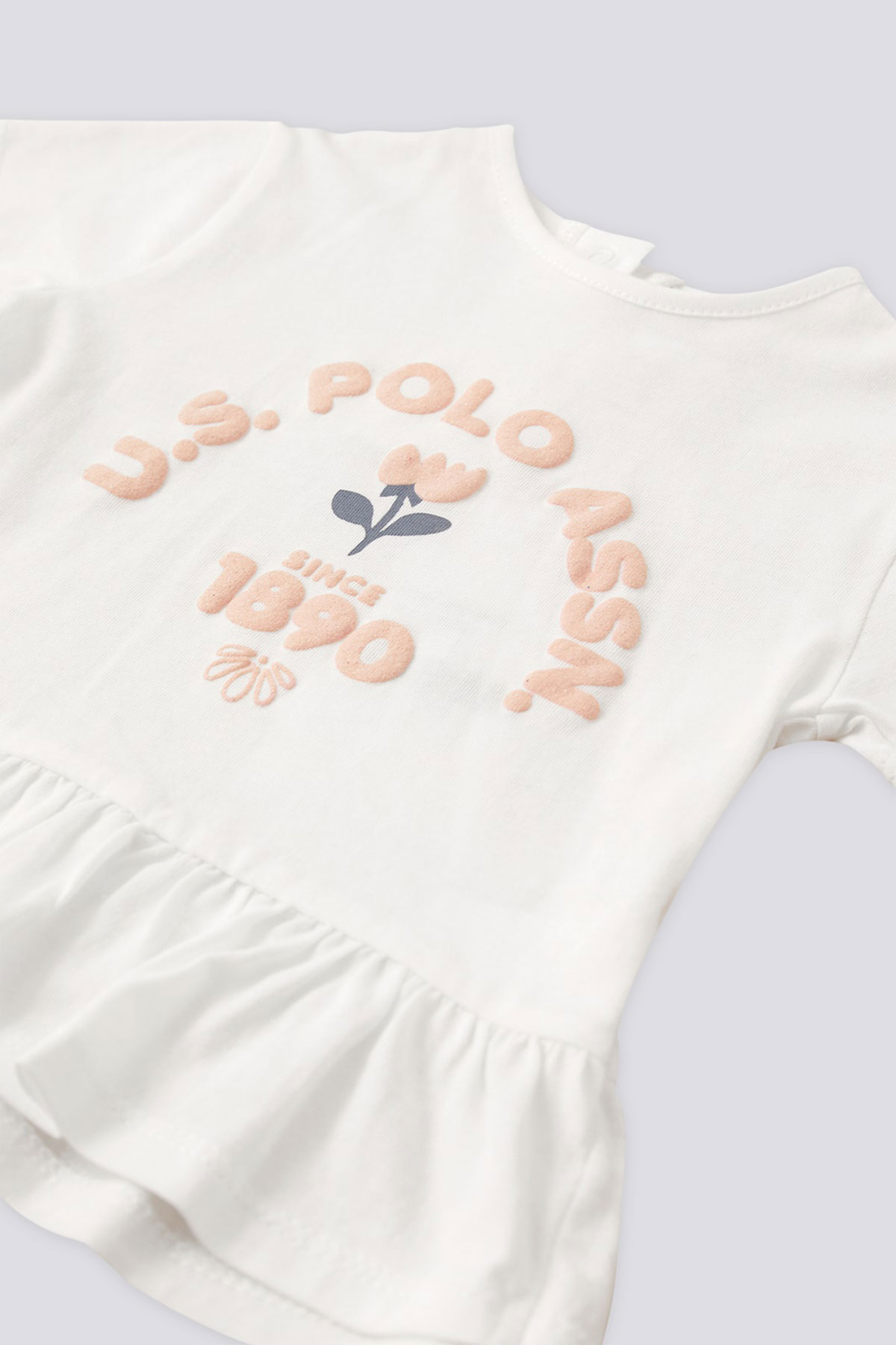 U.S. Polo Kız Bebek 2'li Takım Kısa Kol Beli Fırfırlı Şortlu - Krem - Thumbnail