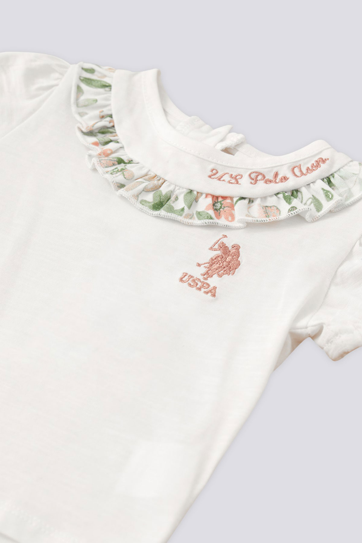 U.S. Polo Kız Bebek 2'li Takım Kısa Kol Şortlu Yaka Çiçekli - Krem - Thumbnail