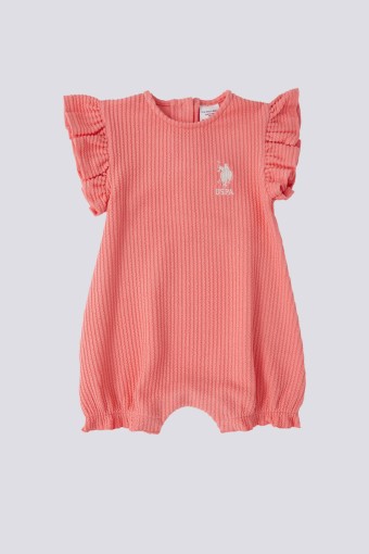 U.S POLO-YASİN TEKSTİL - U.S. Polo Kız Bebek Şort Tulum Kısa Kol Fırfırlı Jakarlı İnterlok - Somon