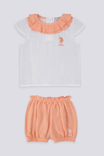 U.S POLO-YASİN TEKSTİL - U.S.Polo Kız Bebek Fırfırlı 2'li Takım Dokuma - Krem/Somon