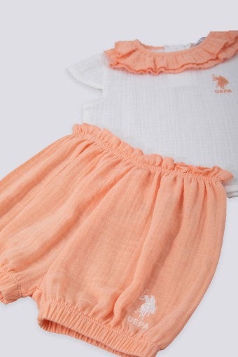 U.S POLO-YASİN TEKSTİL - U.S.Polo Kız Bebek Fırfırlı 2'li Takım Dokuma - Krem/Somon (1)