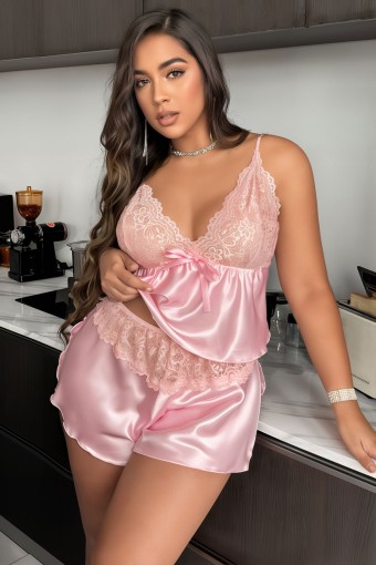 VİSATİN - Visatin Kadın Fantezi Şortlu Takım Büyük Beden Saten