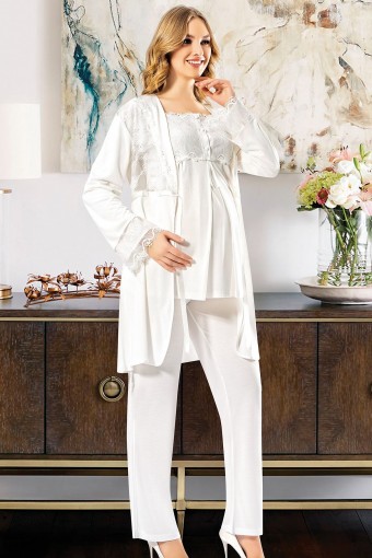 SESKON - X-Ses Kadın Lohusa 3'lü Pijama Takımı Dantelli Penye