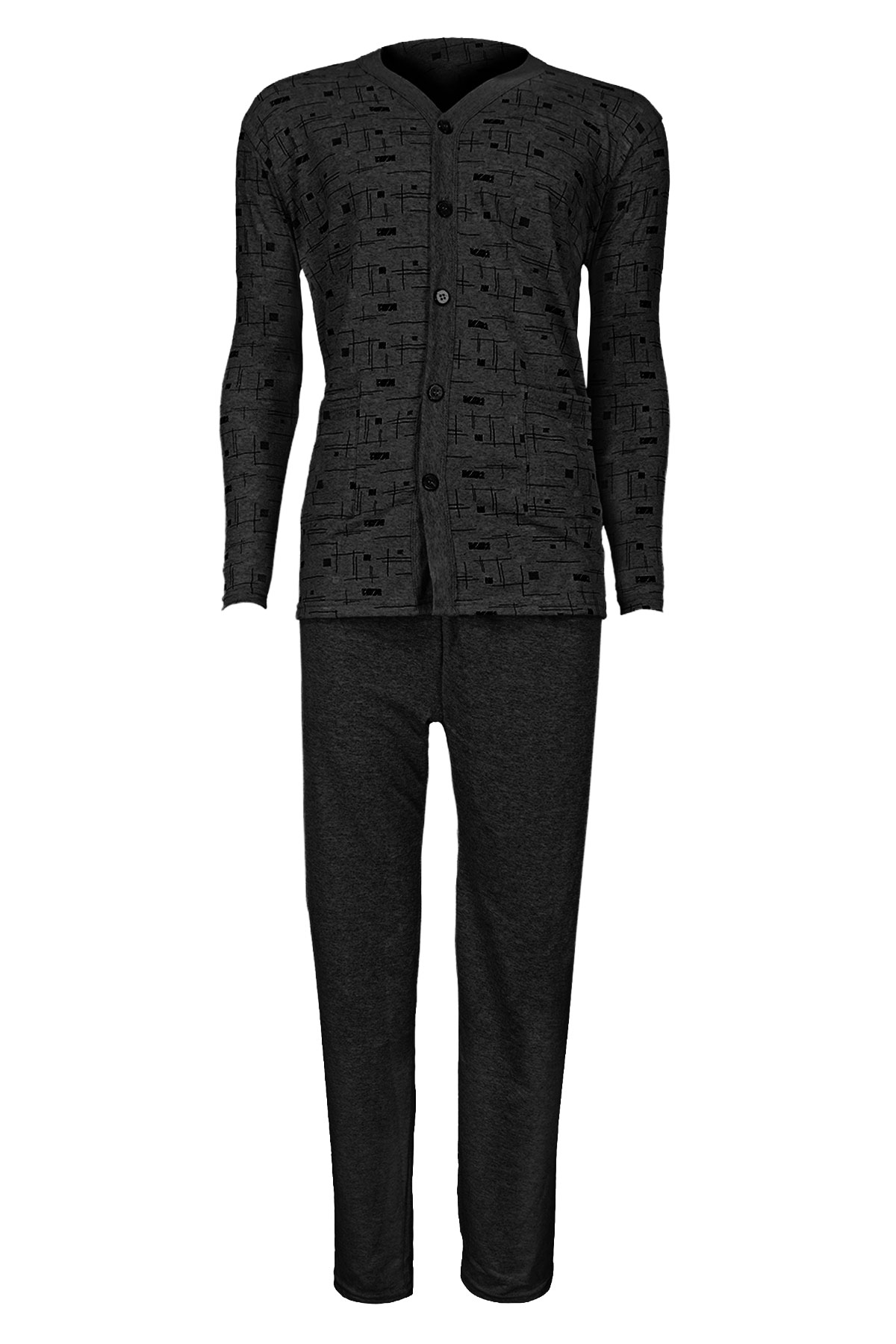 Yenteks Erkek Gömlek Yaka Penye Pijama Takımı - Gri - Thumbnail