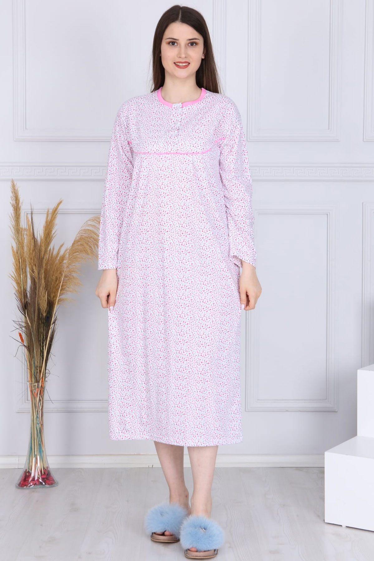 Yenteks Kadın Penye Gecelik Çiçek Desenli Şardonlu - Lila - Thumbnail