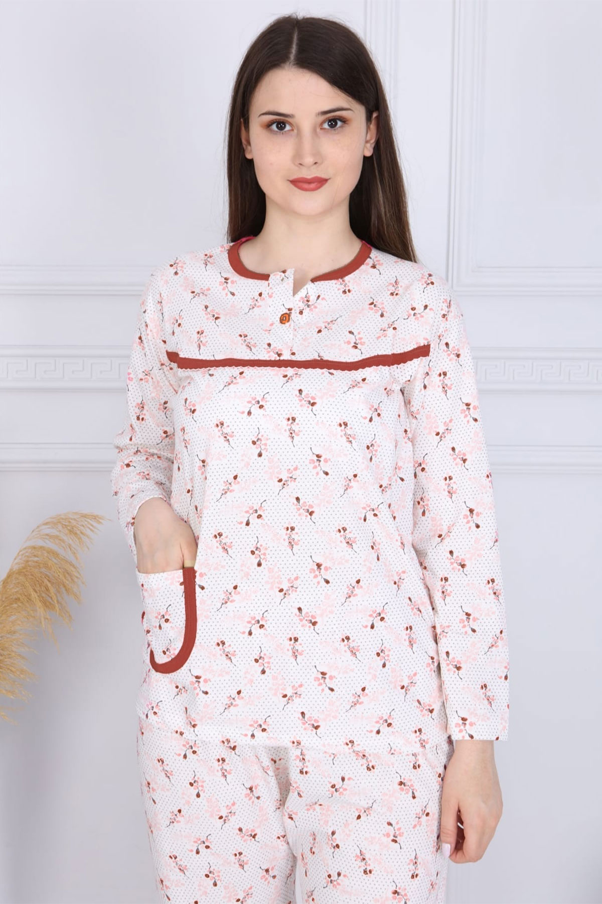 Yenteks Kadın Şardonlu İki Düğmeli Uzun Kollu Pijama Takımı - Bordo - Thumbnail