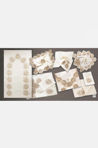 ZERRE HOME - Zerre Home Seccade Takımı Kenar İşlemeli Keten Belin2 5'li Tek Köşe Fransız Dantel Bohçası (1)