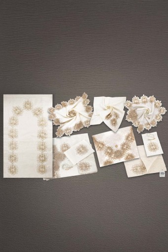 ZERRE HOME - Zerre Home Seccade Takımı Kenar İşlemeli Keten Belin2 5'li Tek Köşe Fransız Dantel Bohçası (1)