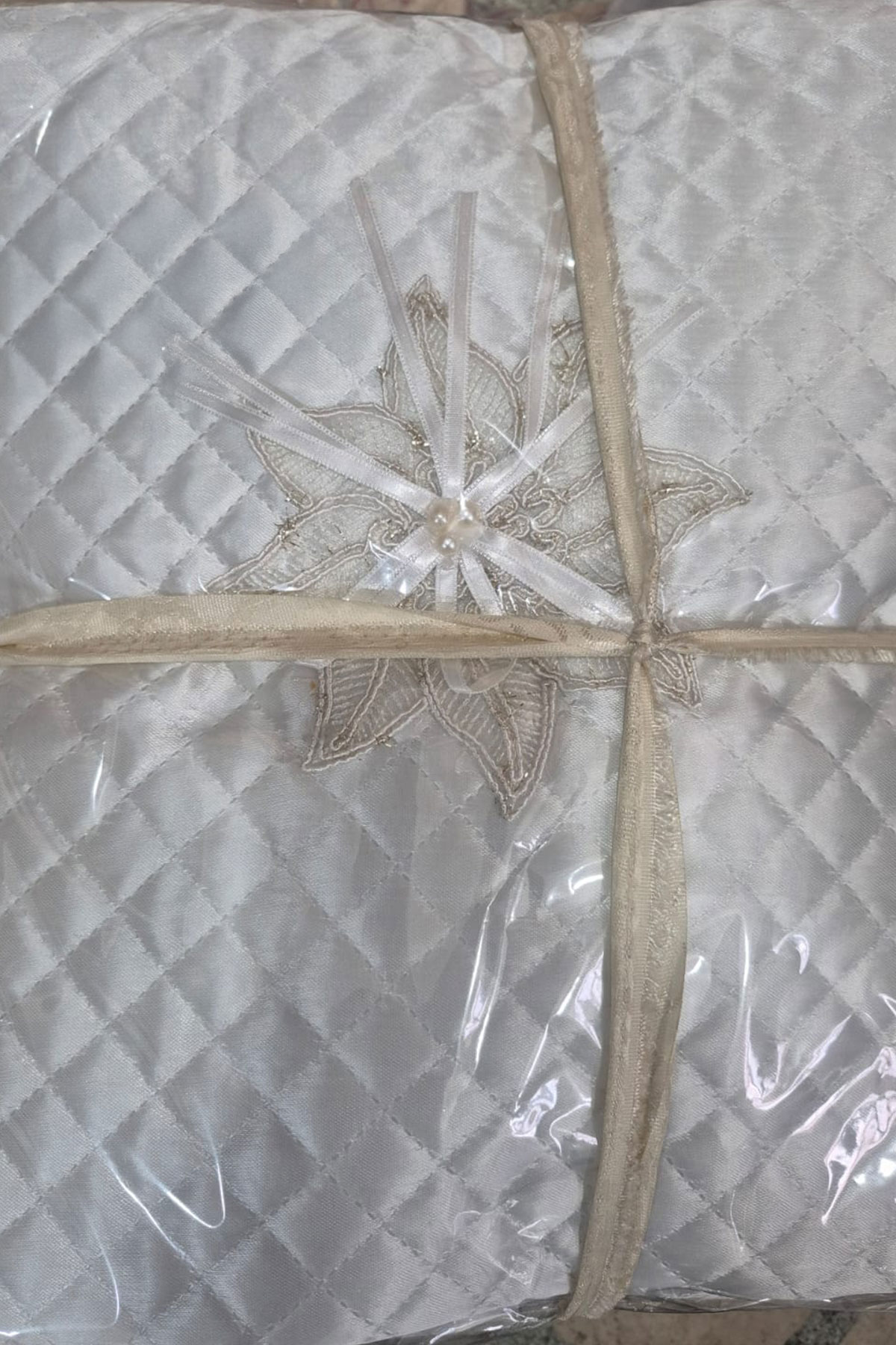 Zerre Yastık Hurcu Lüks Saten İnci Çiçekli Kurdeleli - Thumbnail